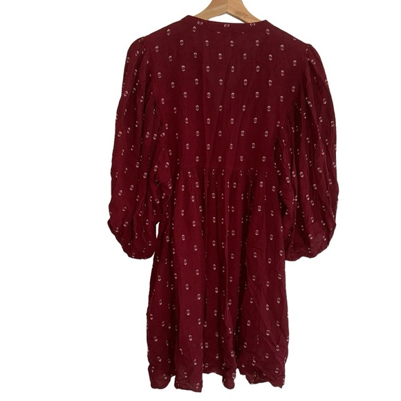 Zara Embroidered Mini Dress Balloon Sleeve V-Neck High Collar Red White Tassel - Picture 6 of 8